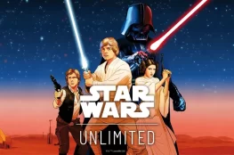 Star Wars Unlimited Trading Card Game - logo oraz Luke, Han Solo, Leia o Darth Vader.