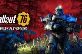 Okładka gry Fallout 76 Americans Playground. Rycerze Bractwa stali znajduje się na czerwonym tle