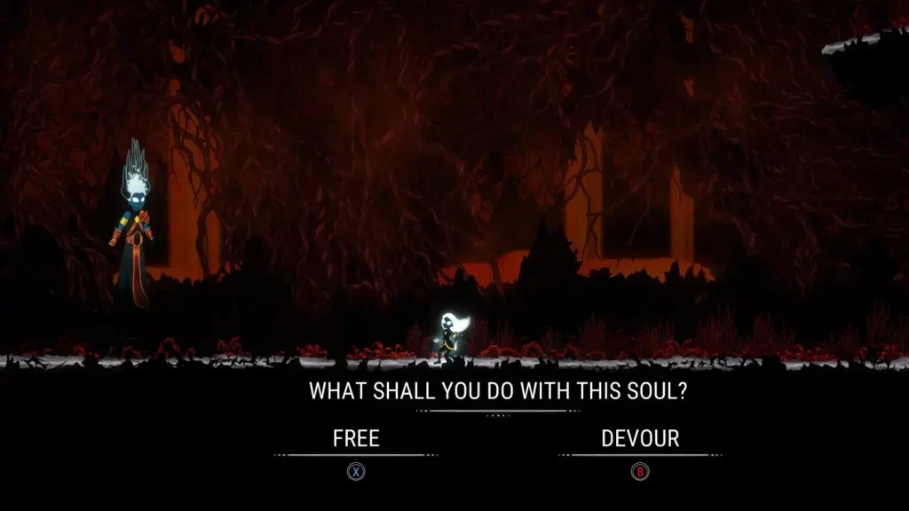 Zrzut ekranu z gry RIN: The Last Child, na którym gracz musi wybrać, co zrobić z duszą. Na obrazku widać dwa przyciski: "Uwolnij" i "Pożreć". Gracz musi wybrać jeden z nich, aby zadecydować o losie pokonanego przeciwnika.