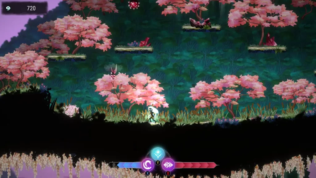 Zrzut ekranu menu gry RIN: The Last Child. Na zdjęciu widać drzewa wiśni japońskiej w pełnym rozkwicie. Gałęzie drzew uginają się pod ciężarem różowych kwiatów. Kwiaty są delikatne i mają piękną barwę. W tle widać zielone liście innych drzew.