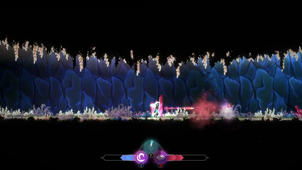 Zrzut ekranu menu gry RIN: The Last Child. Główna bohaterka strzela magicznym pociskiem w przeciwnika. Scena odbywa się w jaskini.