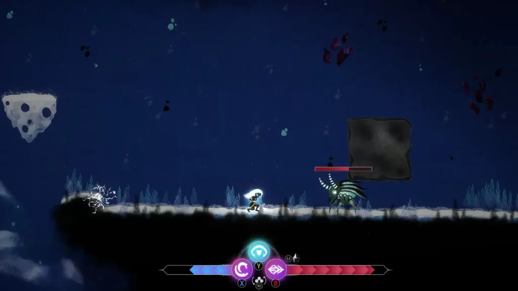 Zrzut ekranu menu gry RIN: The Last Child. Bohaterka walczy z robalem, który ma na głowie wielki głaz. W tle widać granatowe niebo.