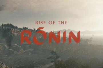 Logo gry Rise of the Ronin na tle wschodzącego słońca.