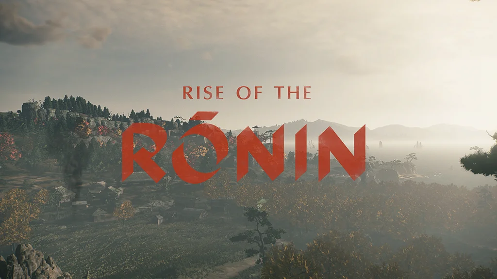 Logo gry Rise of the Ronin na tle wschodzącego słońca.