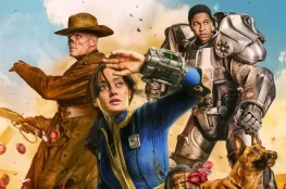 Grafika promocyjna – serial Fallout. Na obrazku widzimy trzy postaci, które są bohaterami produkcji na kolorowym tle.