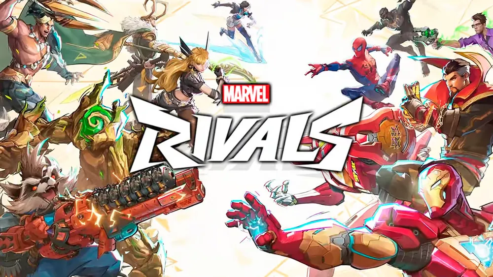 Zwiastun Marvel Rivals — logo gry oraz wizerunki bohaterów po jego lewej i prawej stronie.