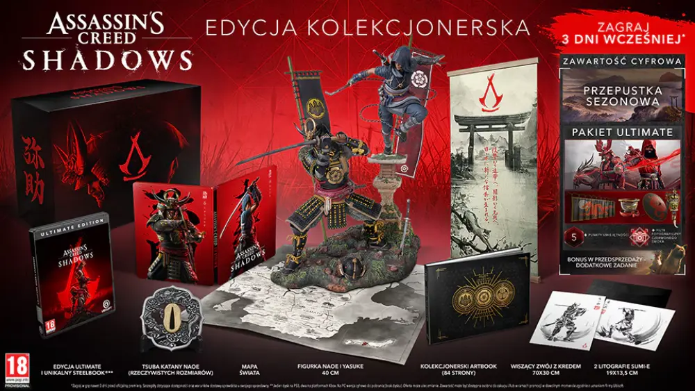 Zawartość kolekcjonerki do Assassin's Creed Shadows w tym figurka, steelbook, artbook, gra i mapa