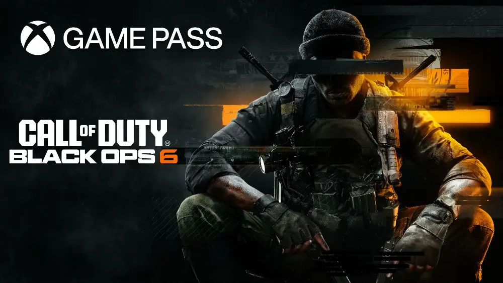 Call of Duty Black Ops 6. Game Pass. Żołnierz w cieniu, siedzący w rozkroku.