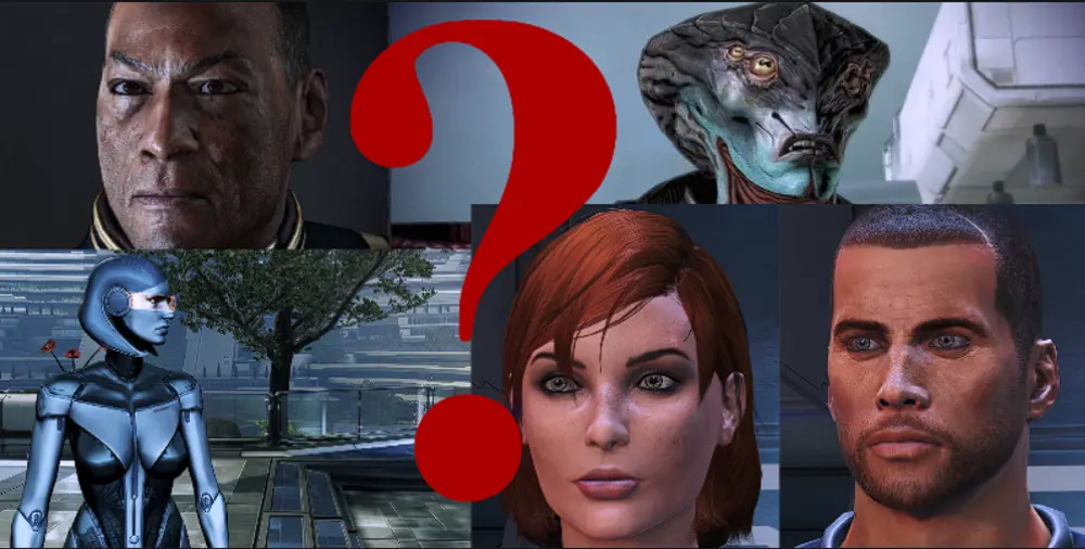 Bohaterowie gry Mass Effect na jednym kadrze ze znakiem zapytania po środku