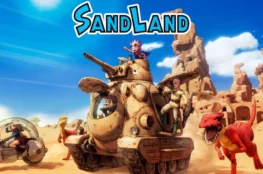 Logo gry Sand Land, na nim główni bohaterowie na czołgu obok biegnie dinozaur