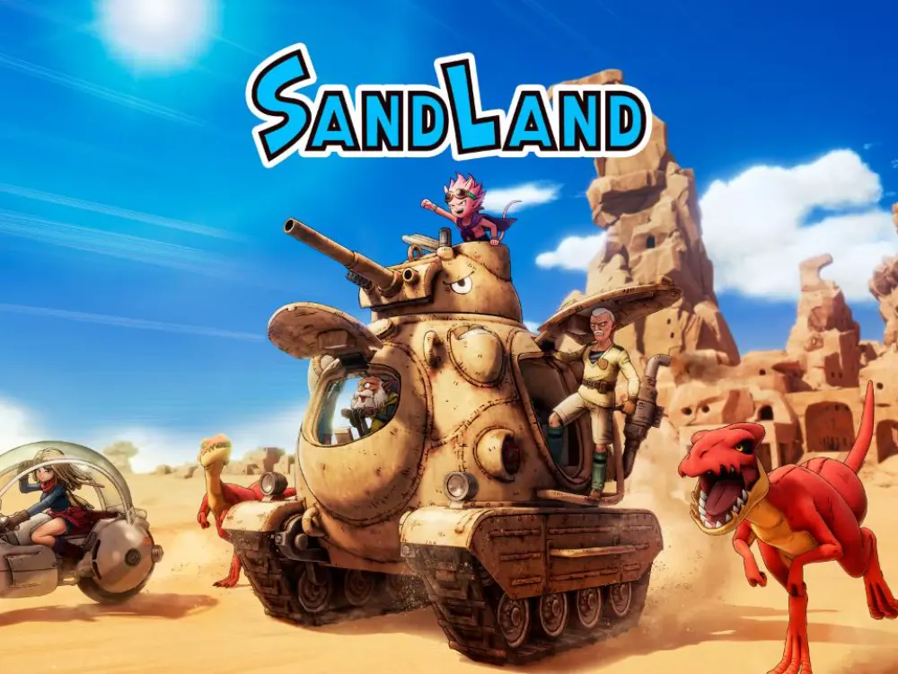 Logo gry Sand Land, na nim główni bohaterowie na czołgu obok biegnie dinozaur