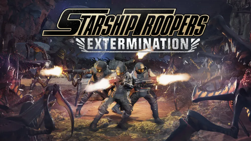Okładka Starship Troopers: Extermination. Grupa żołnierzy Mobilnej Piechoty otoczona przez arachnidy.