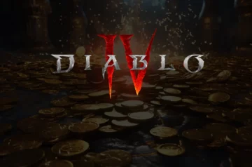 Grafika ilustrująca Diablo IV i problem ze złotem. Widoczne logo gry oraz monety w tle.