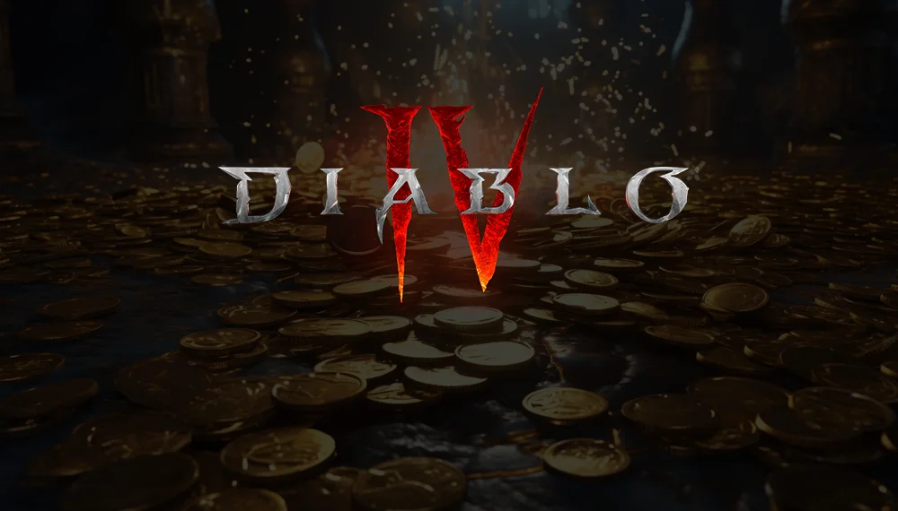 Grafika ilustrująca Diablo IV i problem ze złotem. Widoczne logo gry oraz monety w tle.