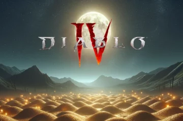 Logo Diablo IV na tle księżyca i niezliczonej liczbie złota. Wizja przedstawiająca koniec biedy w grze.