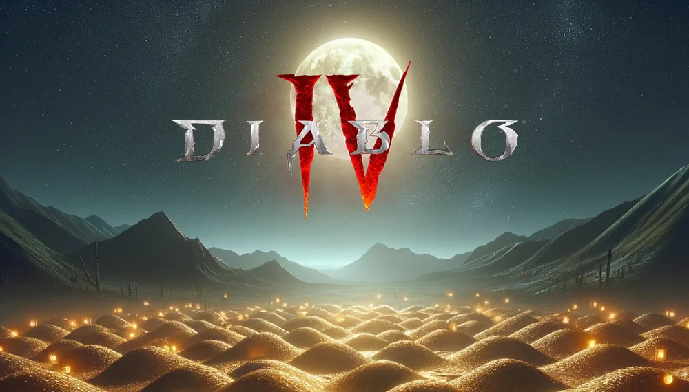 Logo Diablo IV na tle księżyca i niezliczonej liczbie złota. Wizja przedstawiająca koniec biedy w grze.