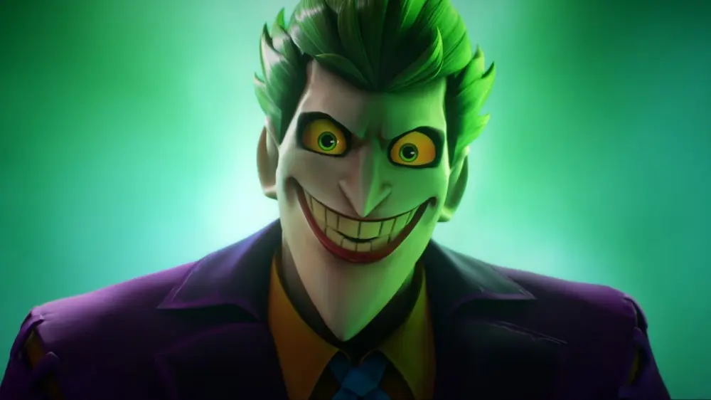 Obrazek to tekstu Joker w Multiversus. Zbliżenie na twarz postaci Jokera.