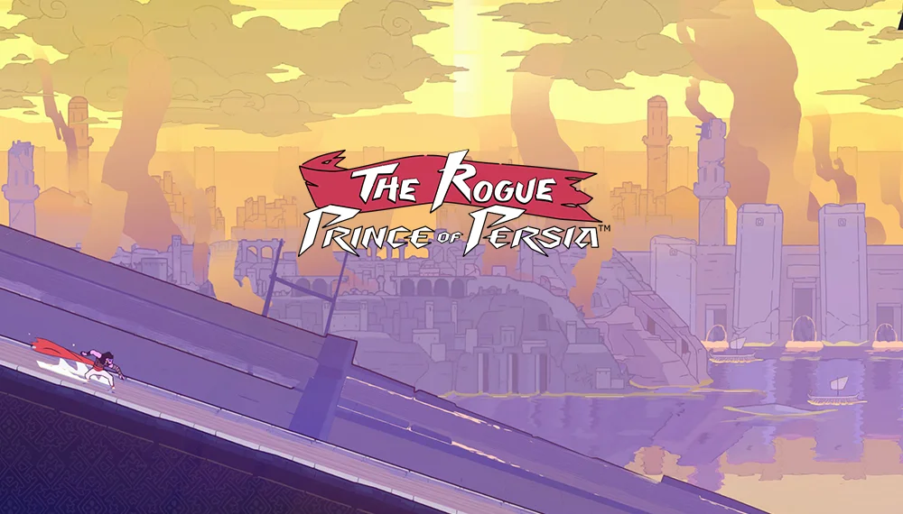 Ilustracja z gry "The Rogue Prince of Persia" przedstawia postać biegnącą po pochyłej powierzchni na tle miasta. Miasto otoczone wodą, w tle dymy, dominują pastelowe odcienie. Na pierwszym planie napis "The Rogue Prince of Persia" na czerwonym sztandarze.