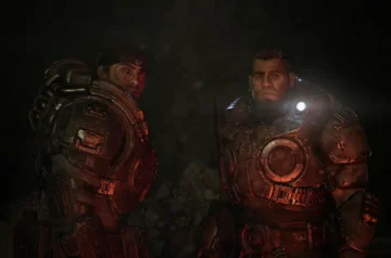 Gears of War: E-Day młodzi Marcus i Dom parzący na siebie z przerażeniem