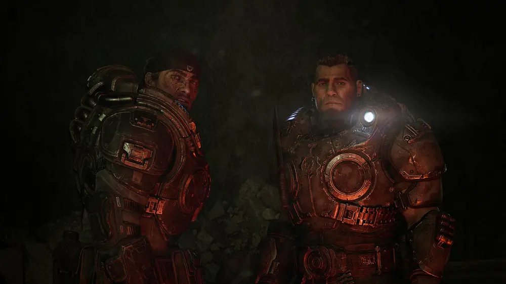 Gears of War: E-Day młodzi Marcus i Dom parzący na siebie z przerażeniem