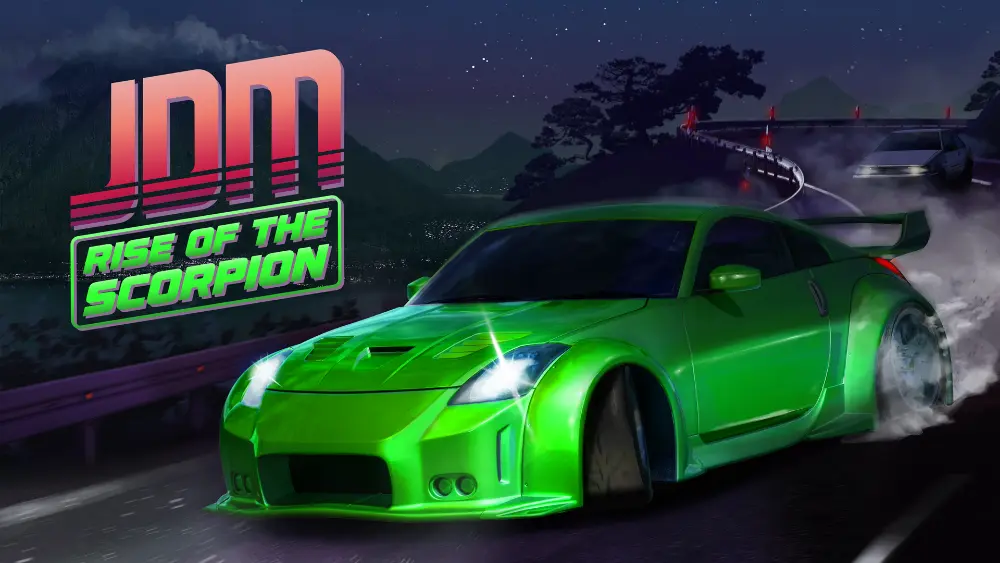JDM Rise of the Scorpion, zielone auto sportowe na ulicy w nocy