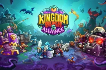 Okładka Kingdom Rush 5: Alliance. Rysunkowe wieże i budynki, obok nich żołnierze.