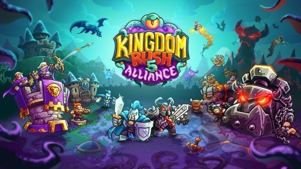 Okładka Kingdom Rush 5: Alliance. Rysunkowe wieże i budynki, obok nich żołnierze.