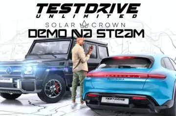 Logo informujące o tym, że demo test drive unlimited solar crown jest już dostępne. Na białym tle znajduje się dżip oraz hatchback wraz z kierowcą pomiędzy autami.