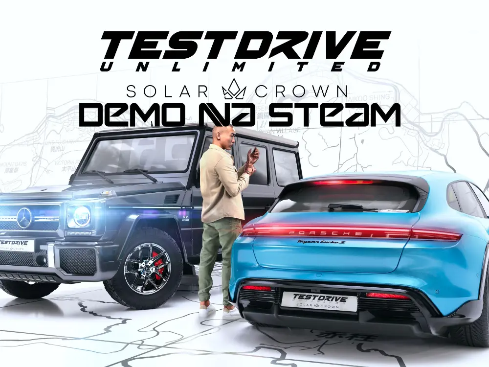 Logo informujące o tym, że demo test drive unlimited solar crown jest już dostępne. Na białym tle znajduje się dżip oraz hatchback wraz z kierowcą pomiędzy autami.