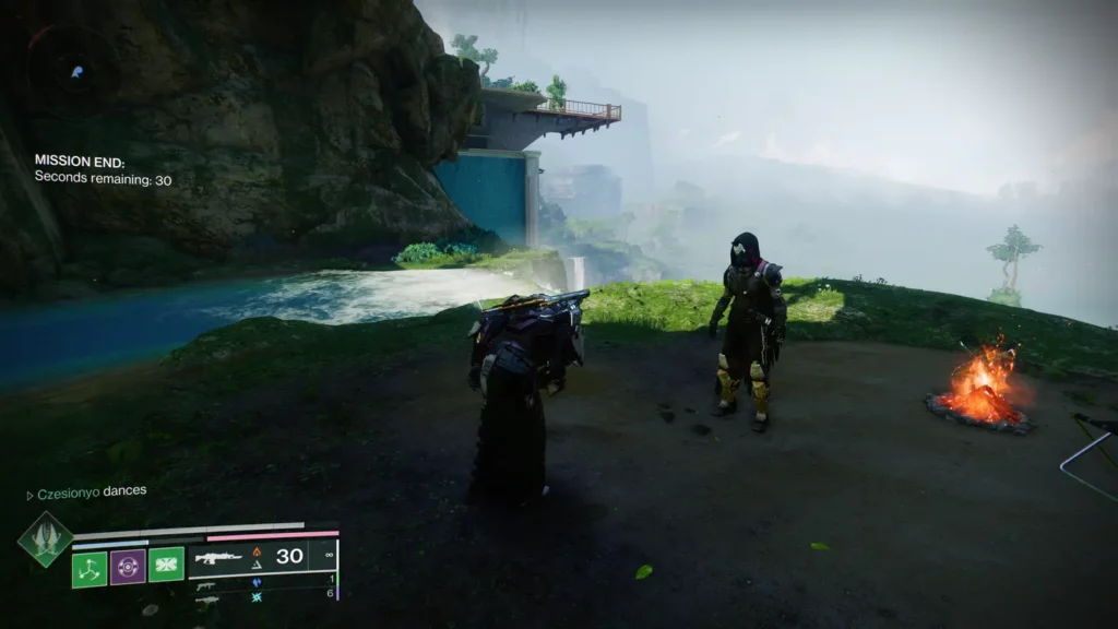 Zrzut ekranu z gry Destiny 2 — Strażnik kłania się przed Łowcą w obozie na skarpie.