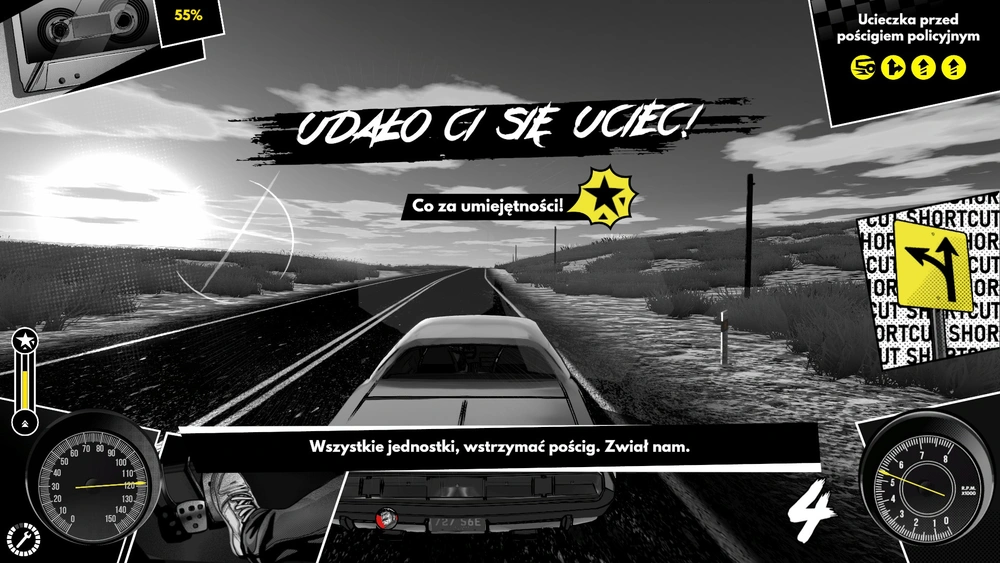 Zrzut ekranu gry Heading Out, przedstawiający rozgrywkę z widokiem zza auta. Dookoła znajdują się elementy interfejsu, jak prędkościomierz, wytrzymałość pojazdu, progres w ucieczce przed policją oraz wskaźnik sławy.