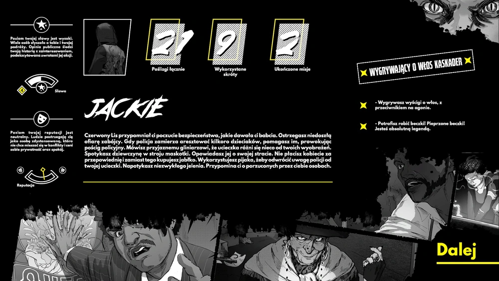 EKran podsumowujący rozgrywkę, okraszony czarnobiałymi komiksowymi kadrami oraz informacjami o sławie, reputacji oraz wyczynach kaskaderskich popełnionych podczas gry.