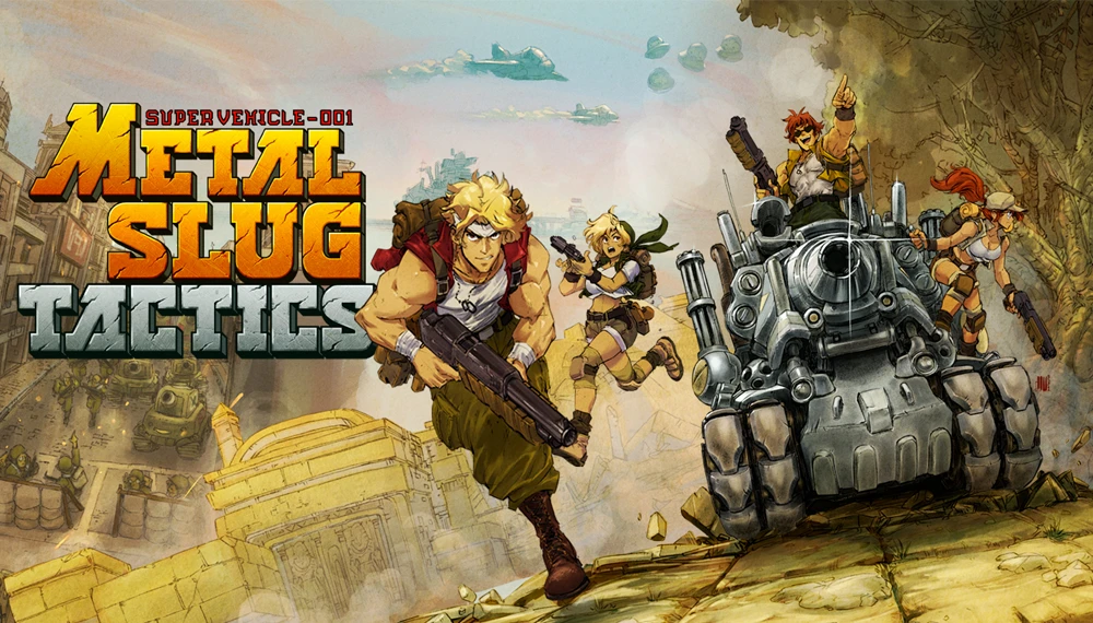 Grafika przedstawiająca postacie, czołg oraz logo z gry Metal Slug Tactics.