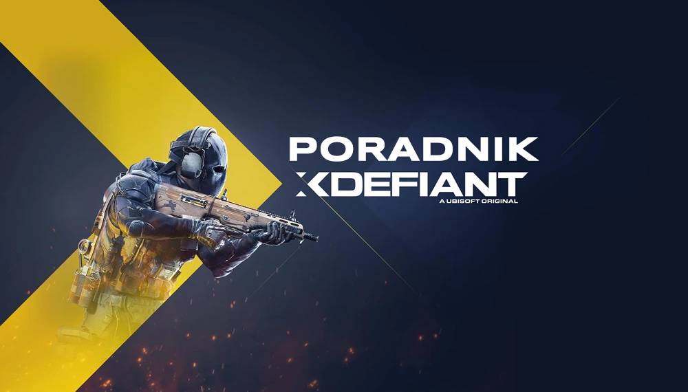 Grafika z gry XDefiant – żołnierz z karabinem patrzący w prawo na napis "Poradnik XDefiant"