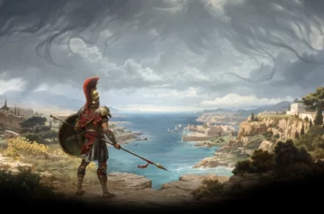 Grafika z gry Titan Quest II, żołnierz w greckiej zbroi, z tarczą i włócznią, patrzący na zatokę