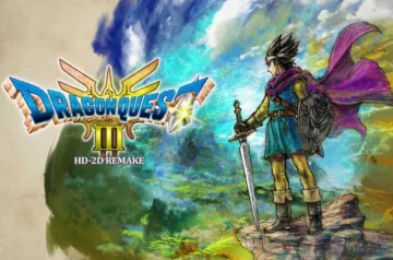 Główy art gry Dragon Quest III HD-2D Remake przedstawiający bohatera na tle świata z logiem gry obok.