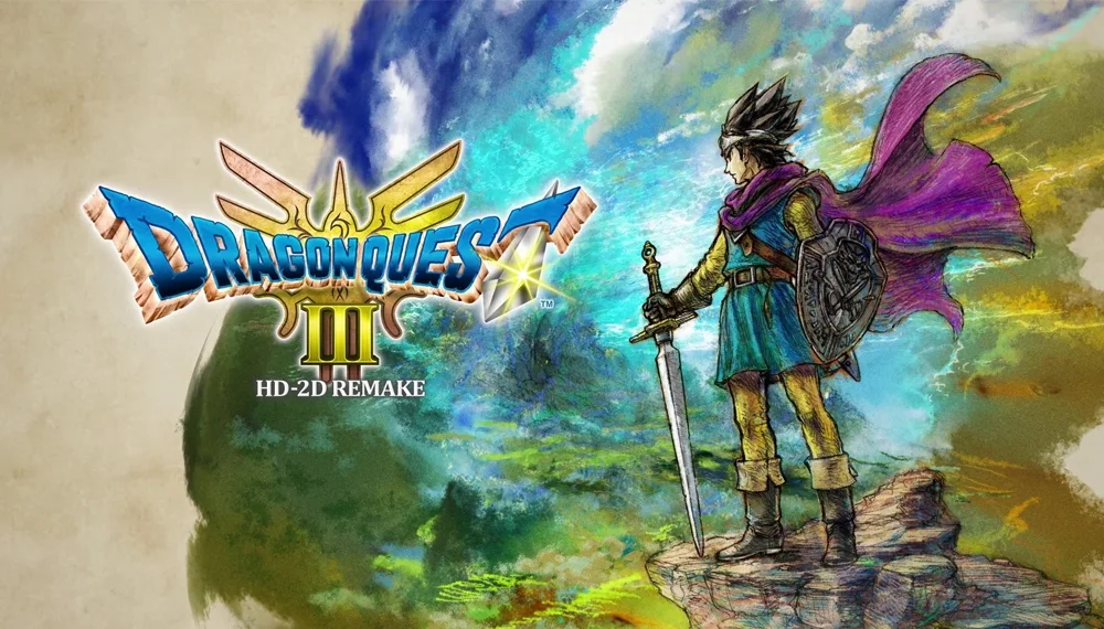 Główy art gry Dragon Quest III HD-2D Remake przedstawiający bohatera na tle świata z logiem gry obok.