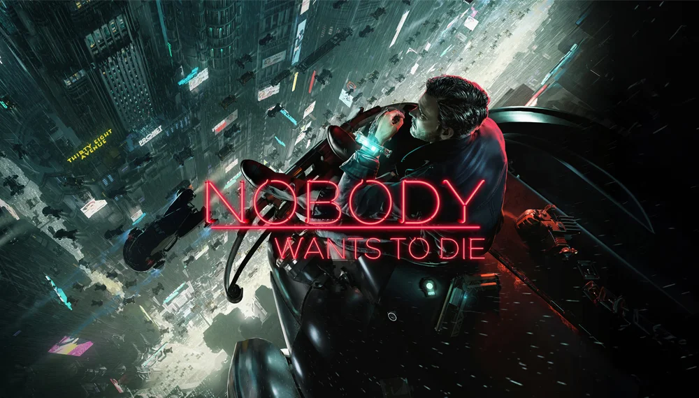 Nobody Wants to Die - mroczna gra akcji w futurystycznym Nowym Jorku. Zdjęcie przedstawia motocyklistę jadącego przez mroczne, futurystyczne miasto.