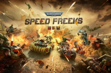 Plakat promocyjny gry Warhammer 40,000: Speed Freeks, na którym widać chaos bitewny z wieloma uzbrojonymi pojazdami walczącymi między sobą.