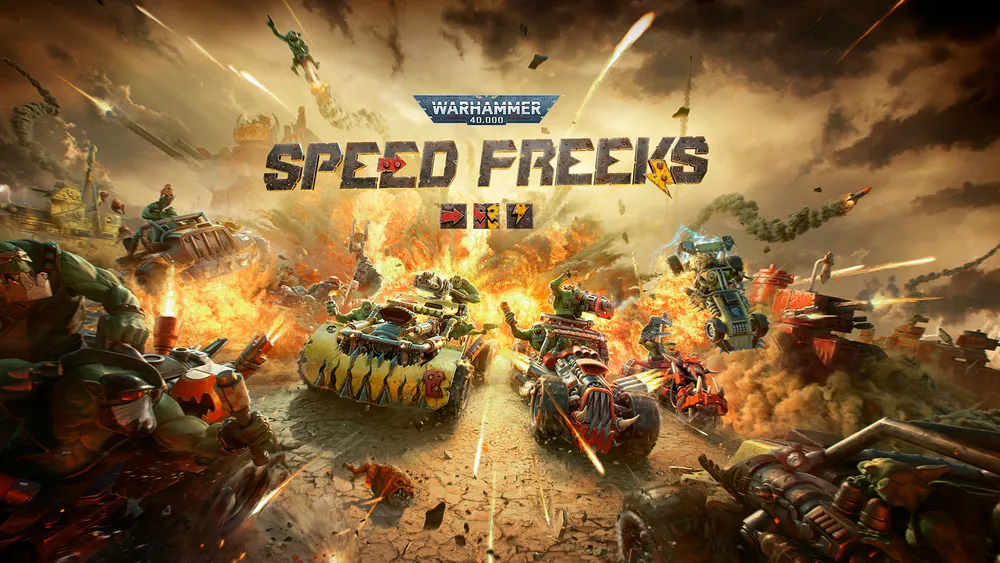 Plakat promocyjny gry Warhammer 40,000: Speed Freeks, na którym widać chaos bitewny z wieloma uzbrojonymi pojazdami walczącymi między sobą.