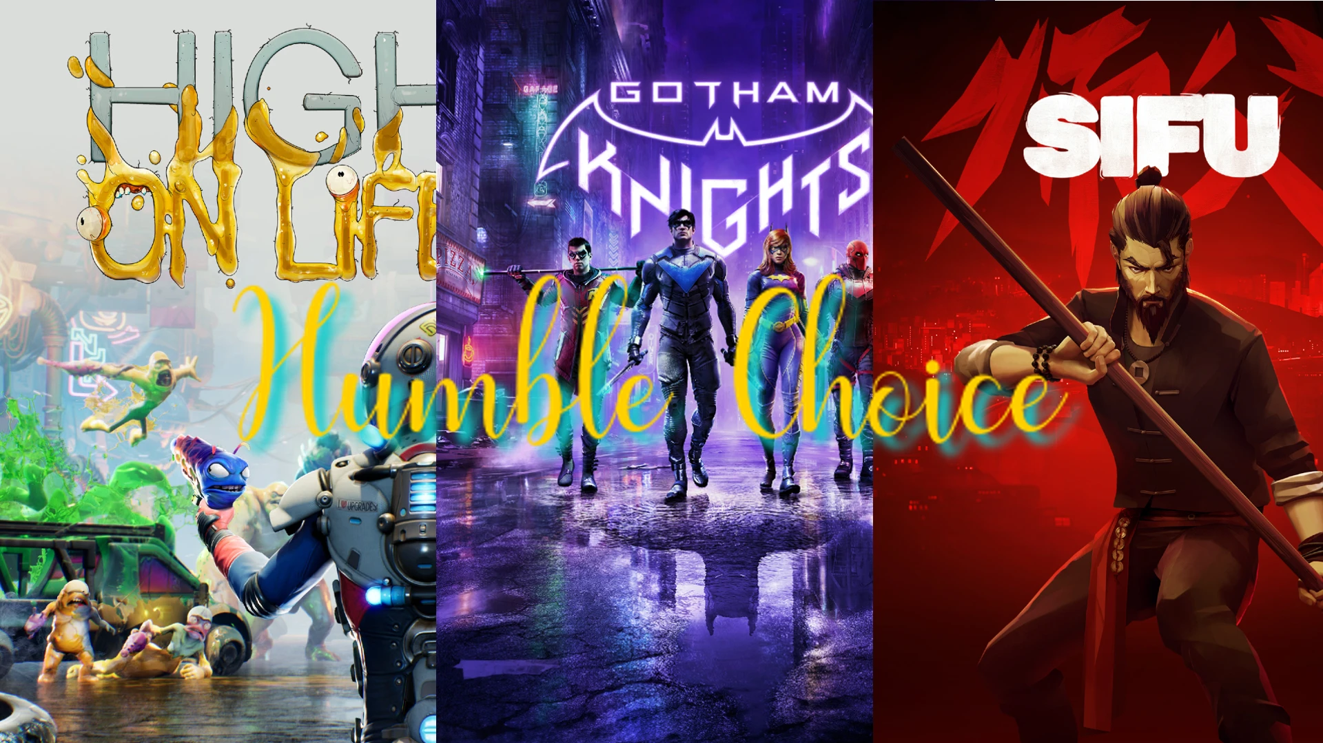 Okładka dla Humble Choice Sierpień 2024, a na niej Sifu, High on Life oraz Gotham Knights