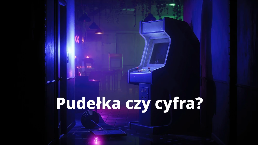 Automat do gry w opuszczonym lokalu, w ciemnym pomieszczeniu tylko trochę fioletowego światła pozwala rozpoznać kształty, na podłodze przewrócony znak. Na zdjęciu napis Pudełka czy cyfra?