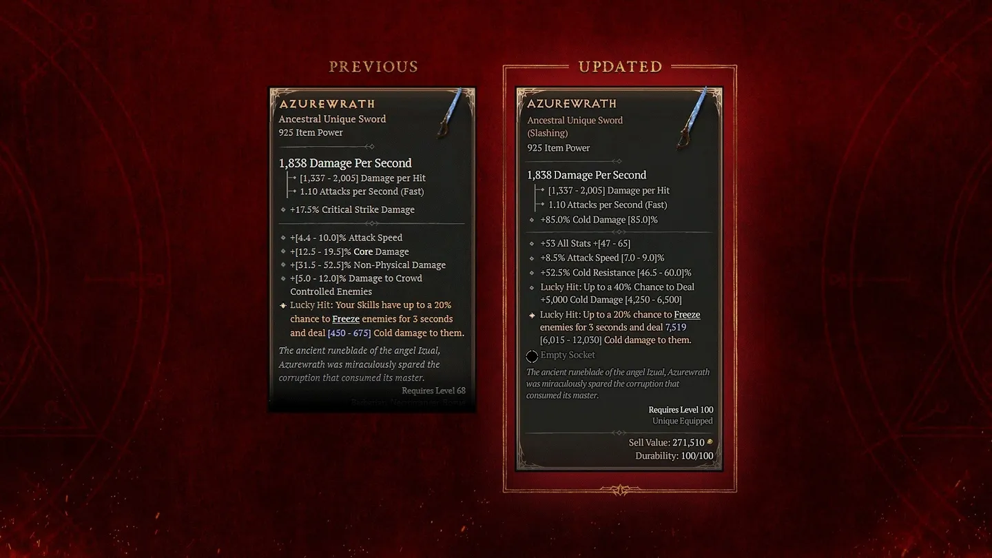Por&oacute;wnanie statystyk miecza 'Azurewrath' w grze wideo, pokazujące wersje 'Poprzednią' i 'Zaktualizowaną'. Zaktualizowana wersja ma nowe atrybuty, takie jak zwiększone obrażenia od zimna i odporność na zimno, oraz wymaga poziomu 100 zamiast 68.