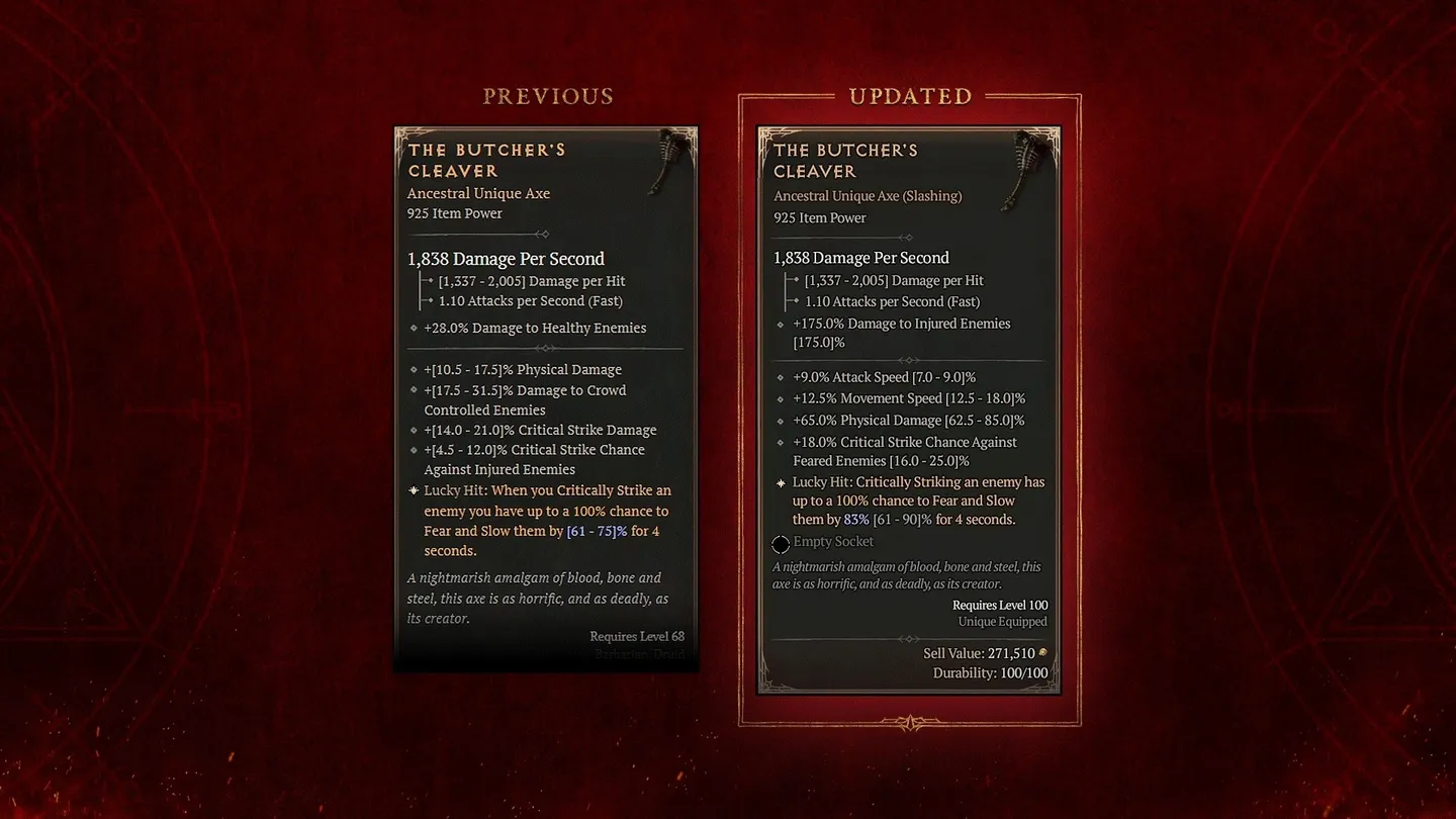 Por&oacute;wnanie statystyk topora 'Tasak Rzeźnika' w grze wideo, przedstawiające wersje 'Poprzednią' i 'Zaktualizowaną'. Zaktualizowana wersja pokazuje zmiany w typach i procentach obrażeń oraz wymaga teraz poziomu 100 zamiast 68.