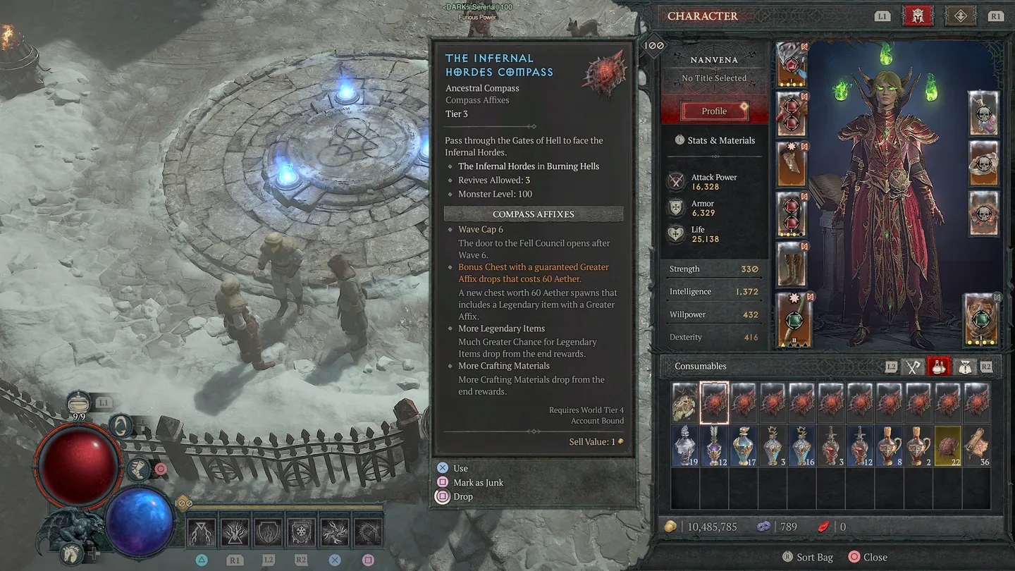 Zrzut ekranu z gry RPG, prawdopodobnie Diablo IV, pokazujący kamienny krąg z niebieskimi świecącymi runami. Po prawej stronie widoczny jest interfejs postaci Nanvena oraz opis przedmiotu 'The Infernal Hordes Compass'. W dolnej części ekranu widoczny jest ekwipunek postaci z r&oacute;żnymi miksturami i zwojami.