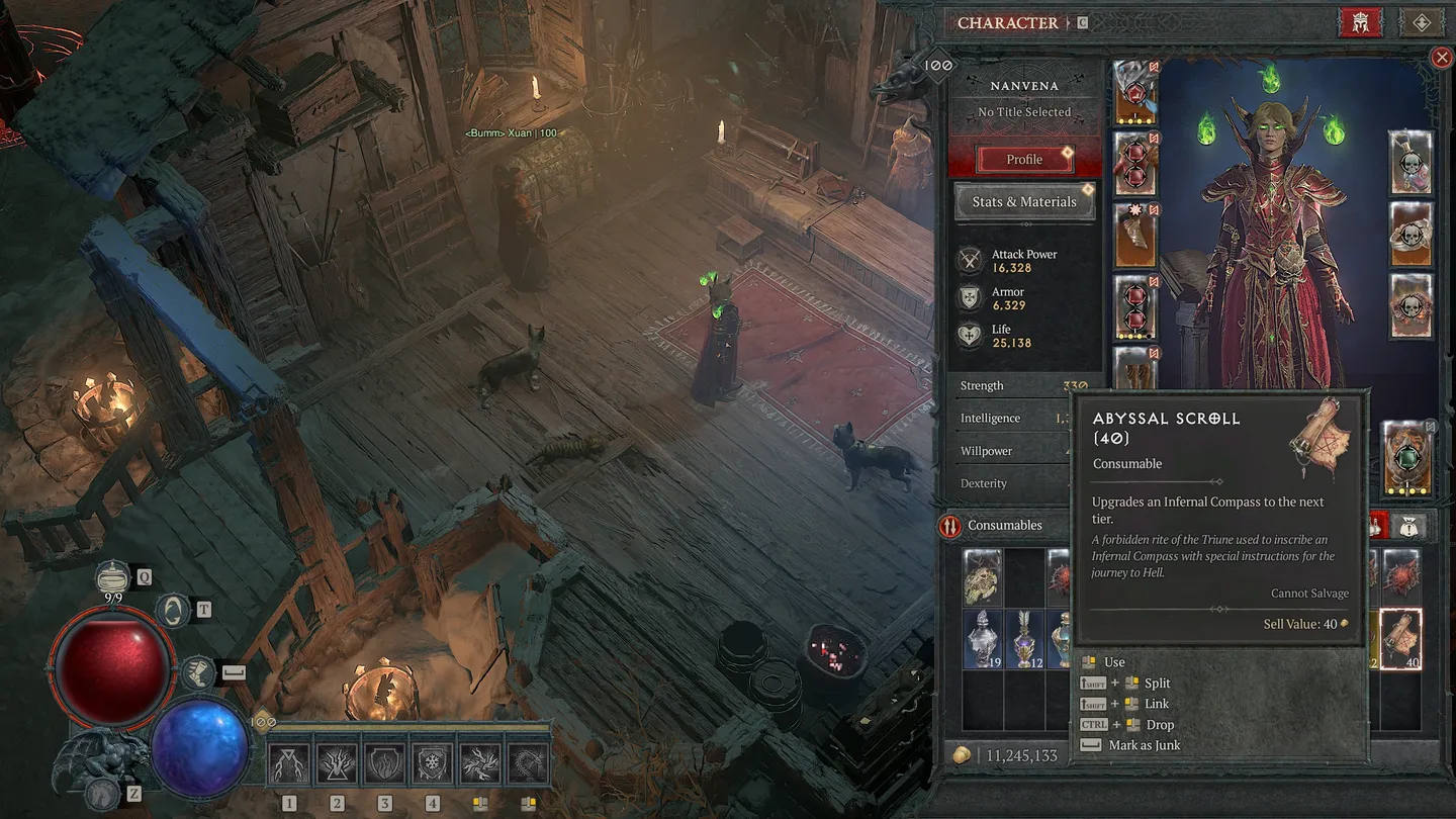 Zrzut ekranu z gry RPG, prawdopodobnie Diablo IV, pokazujący ekwipunek i statystyki postaci o imieniu Nanvena. Widoczne są także dwa czarne koty na drewnianej podłodze oraz wnętrze mrocznego, oświetlonego świecami pomieszczenia. W prawym dolnym rogu wyświetlony jest opis przedmiotu 'Abyssal Scroll'.