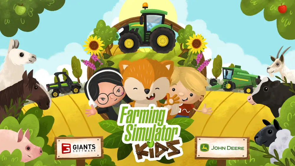 Logo oraz obrazek promujący grę Farming Simulator Kids.