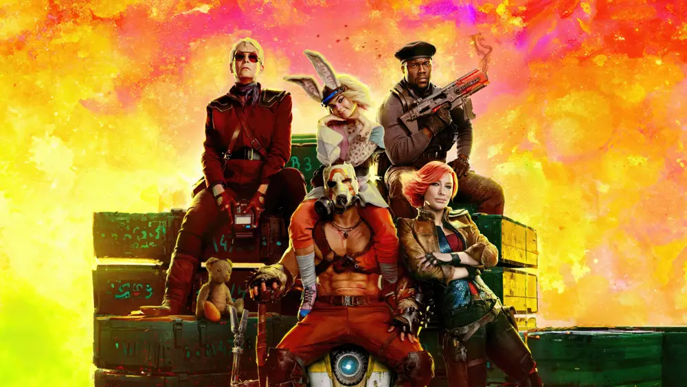 Zdjęcie promujące film Borderlands. Aktorzy odtwarzający główne role w sowich kostiumach.