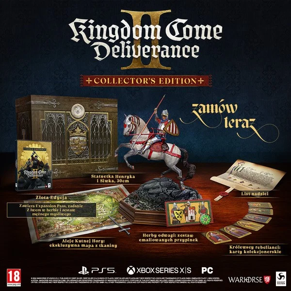 Zawartość edycji kolekcjonerskiej 'Kingdom Come Deliverance II' z figurką rycerza na koniu, mapą, przypinkami, kartami kolekcjonerskimi i złotą edycją gry.