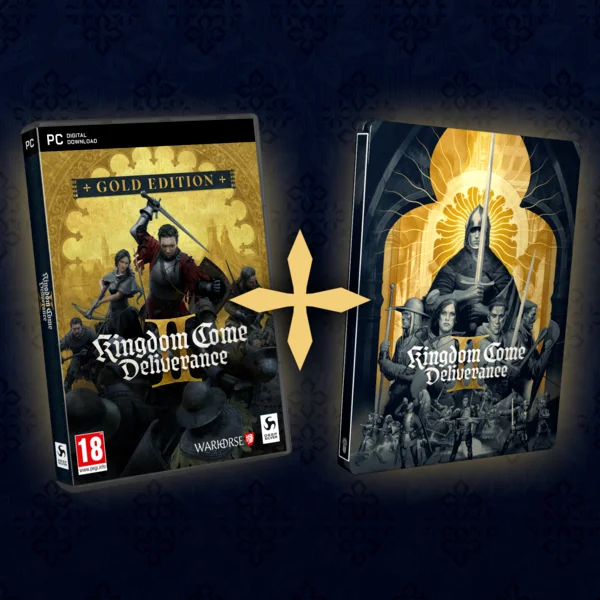 Grafika promująca 'Kingdom Come Deliverance II - Gold Edition' z pudełkiem gry i metalową okładką.